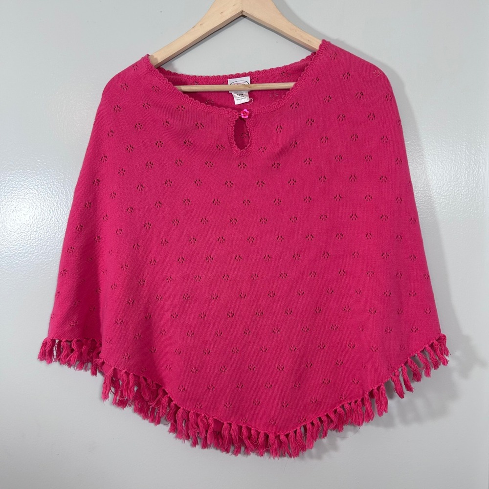 Talbots Kids Pink Cotton Pointelle Knit Fringe Poncho Sweater Girls Size 14/16